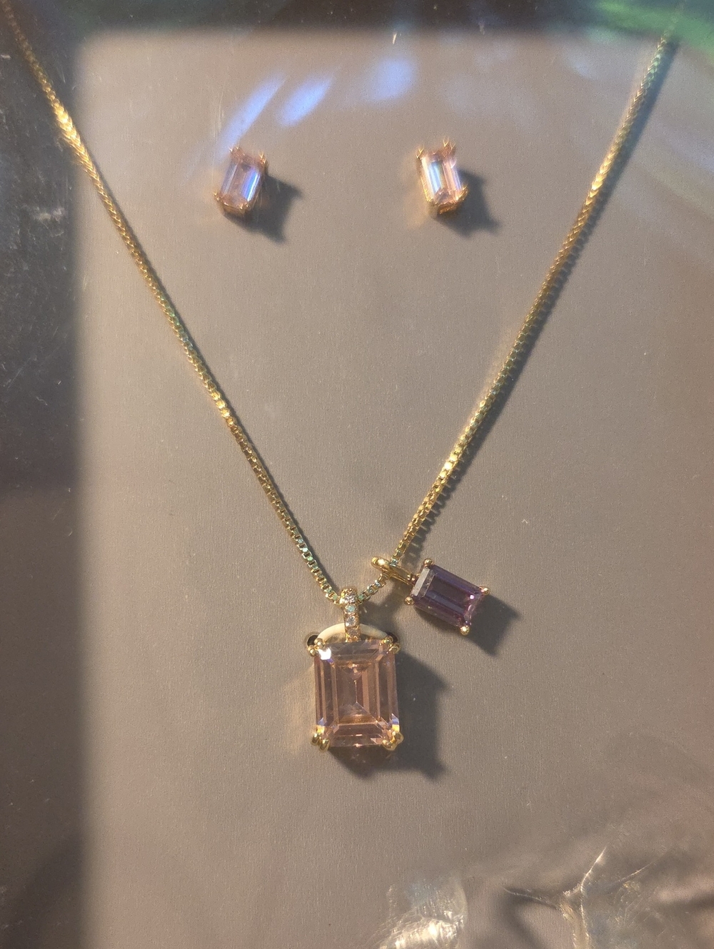 Gold-tone Necklace and Stud Set with Light Purple Emerald-Cut Pendant
